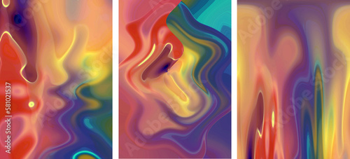 Fototapeta Naklejka Na Ścianę i Meble -  Abstract colorful background, psychedelic pattern with beautiful curved lines. Long banner, set of 3 vertical images
