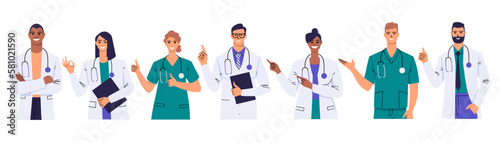 A team of medical workers. Doctors and nurses show different gestures. Thumbs up, Ok, point with index finger, point with hand, cross arms. Smiling characters isolated on white. Flat vector.