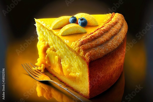 beaful bright yellow banana cake with ruddy golden crust, created with generative ai photo