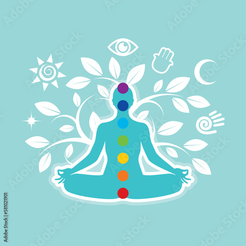 Woman with aura sitting in yoga pose vector illustration. Meditating person with chakras graphic design element. Esoteric and sacred symbol icon set. Spiritual yoga woman and tree of life vector