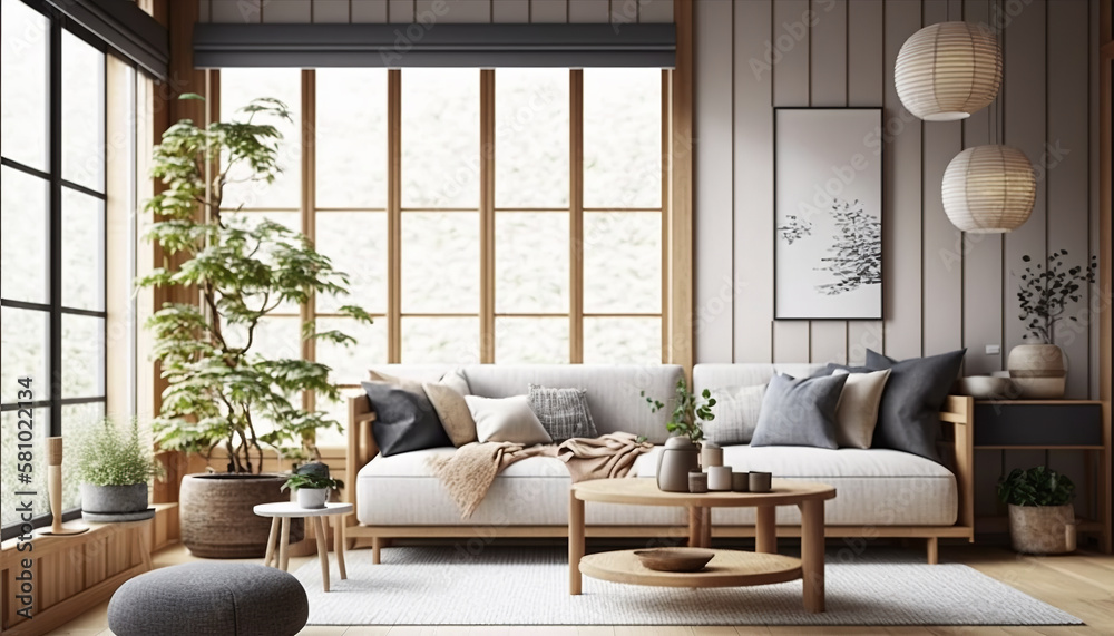 Japandi style interior, living room with large windows. Generative AI ...