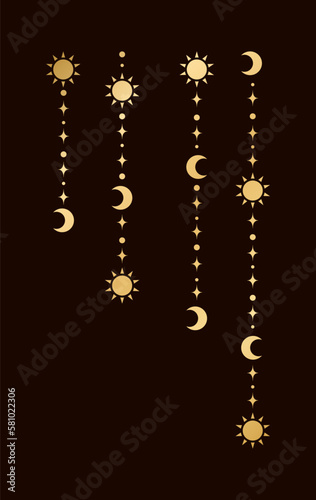 Gold mystic celestial hanging garland frame corner with sun, stars, moon phases, crescents. Ornate bohemian magical curtain decorative element