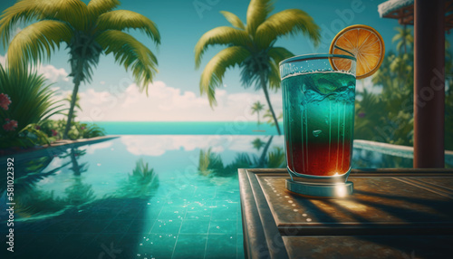 Cocktail on the edge of the pool overlooking the sea  holiday concept created with generative AI technology