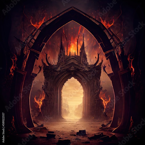 gothic metal arch over opening into hell, created with generative ai photo