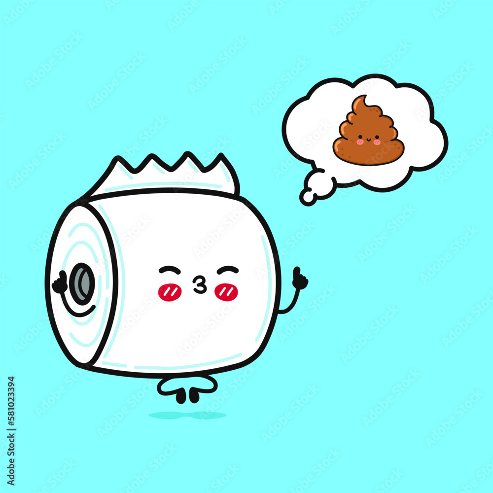 Cute funny toilet paper doing yoga with speech bubble. Vector hand drawn cartoon kawaii character illustration icon. Isolated on blue background. Toilet paper in love character concept Cute funny toilet paper doing yoga with speech bubble. Vector hand drawn cartoon kawaii character illustration icon. Isolated on blue background. Toilet paper in love character concept