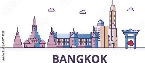 Thailand, Bangkok City tourism landmarks, vector city travel illustration