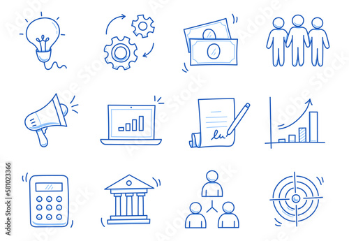 Doodle business icon set. Doodle business, finance, office teamwork concept. Money, calculator, gear element. Hand drawn sketch style vector illustration