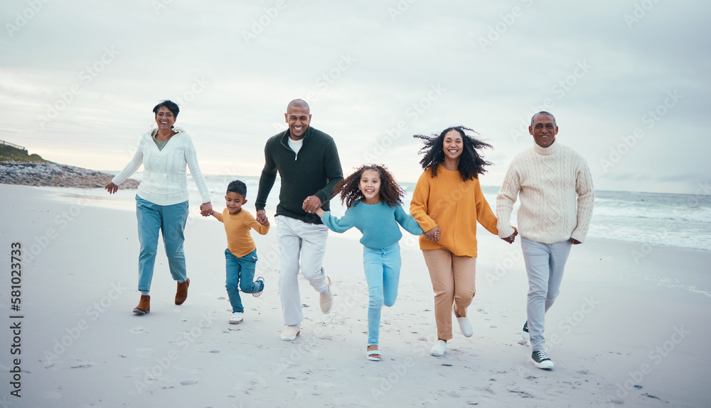 Grandparents, parents and children running on beach enjoy holiday, travel vacation and weekend together. Relax, smile and happy family portrait holding hands for bonding, quality time and fun by sea Grandparents, parents and children running on beach enjoy holiday, travel vacation and weekend together. Relax, smile and happy family portrait holding hands for bonding, quality time and fun by sea