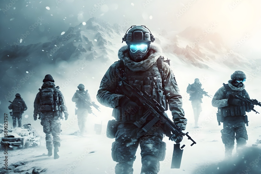 Fototapeta premium Brave soldier in uniform standing in a snow-covered terrain, Generative AI