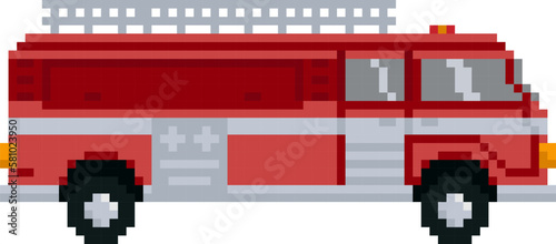 Pixel Fire Truck. Side view. Vector illustration.
