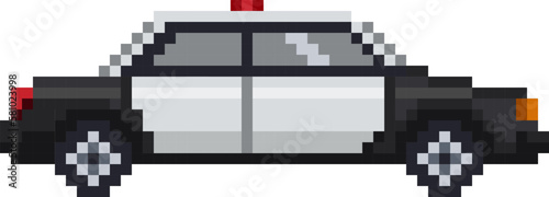 Pixel art police car side view. Vector illustration.