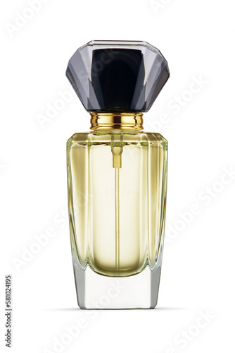Transparent bottle of yellow perfume with black lid isolated on a white. photo