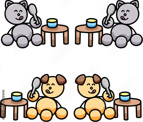 ご飯を食べて満足なわんまるとにゃんまるのセット