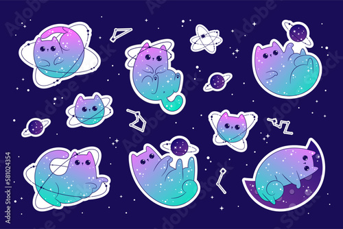 Space cute cats stickers pack celestial with stars and planets. Fantasy magical kawaii vector.  Mystical nursery kitten for textile, stickers, tattoo,