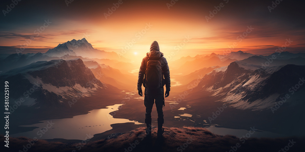 Hiker standing on top of mountain peak looking at view created with Generative AI