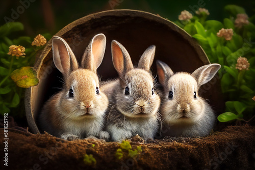 three bunnies in a basket on a dark background. Generative AI