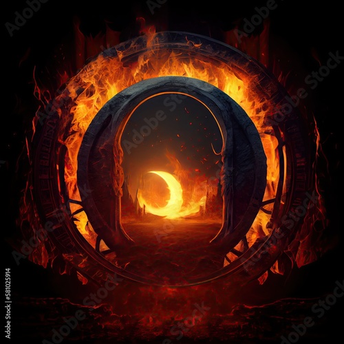 vision of gates to hell with burning fire in form of circle, created with generative ai photo