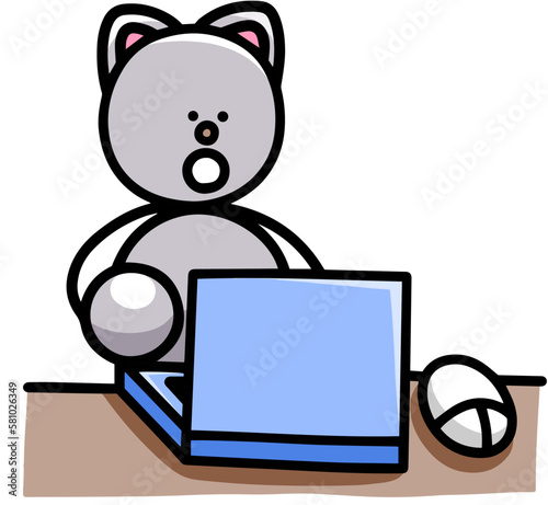 パソコンを操作するにゃんまるのイラスト　猫