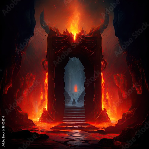 entrance to underworld hell with burning portals, created with generative ai photo