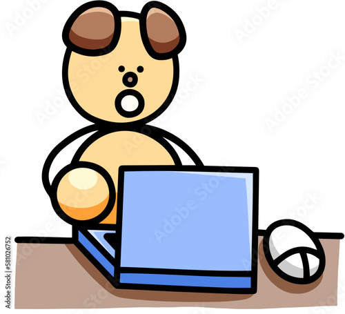 パソコンを操作するわんまるのイラスト　犬