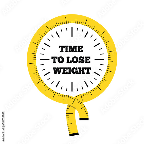 Illustration of a yellow, black clock with a stroke of a yellow measuring tape with a black inscription inside the time to lose weight on a white background