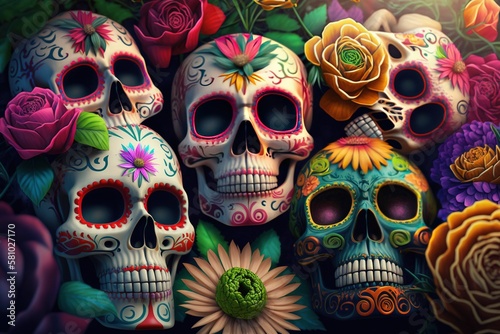 Colorful candy sugar skulls with flowers on Day of the Dead festival in Mexico with Generative AI technology