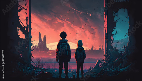 children in front of a ruined city, at sunset. cloudy sky, post-apocalyptic theme