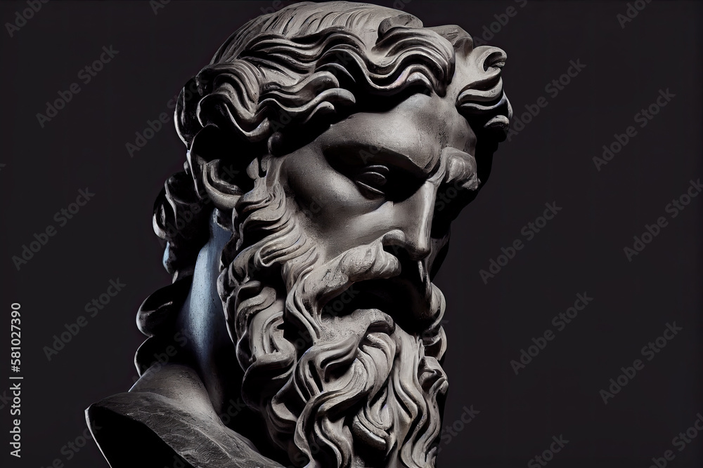 Head of the Greek god Hephaestus sculpture, bust of a man with a long beard. Head of a Greek god, sculpture, bust. Antique statue isolated on a black background. generative AI,