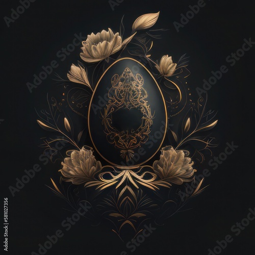 golden easter egg with flowers on black background,ai generated