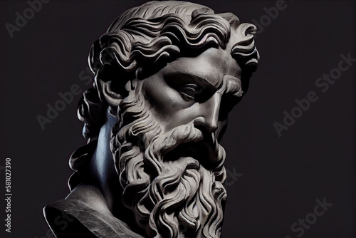 Head of the Greek god Hephaestus sculpture, bust of a man with a long beard. Head of a Greek god, sculpture, bust. Antique statue isolated on a black background. generative AI,