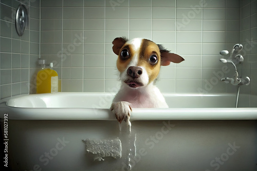 A cute little terrier dog taking a bubble bath with its paws on the edge of the tub. Cute pet jack russell terrier in the bathroom. Laundry for pets. Funny animals. Generative AI