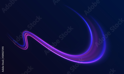 Luminous bright background. High speed effect motion blur night lights blue and red. Magic shining neon light line trails. Purple glowing wave swirl, impulse cable lines. Long time exposure. Vector