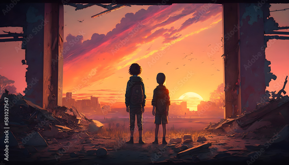 children in front of a ruined city, at sunset. cloudy sky, post-apocalyptic theme