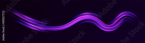 Luminous bright background. High speed effect motion blur night lights blue and red. Magic shining neon light line trails. Purple glowing wave swirl, impulse cable lines. Long time exposure. Vector