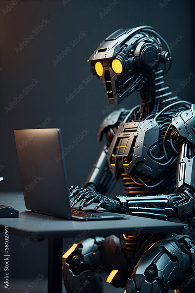Android robot Artificial intelligence uses a computer for programming. The machine replaces human jobs and work. Ai Robot Sitting At Desk. Machine Learning. Chatbot. Chatgpt. Generative AI.
