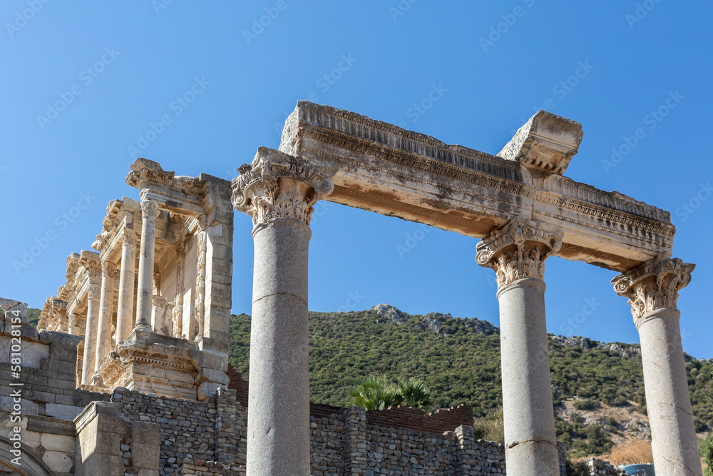 The ruins of the ancient city of Ephesus. Selected focus, copy space. Art, design or tourism concept. Selcuk, Turkey (Turkiye)