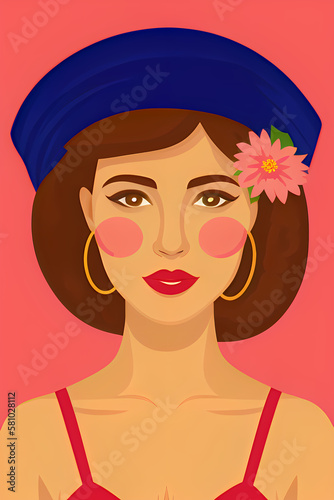 elegant girl in makeup with hat and flower isolated on pink background, generative ai