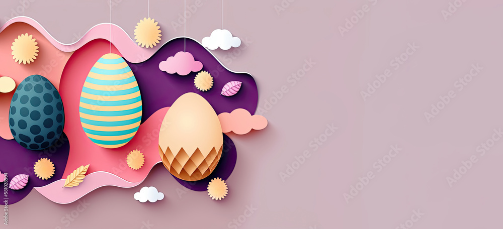 Paper cut patterned easter eggs, colorful easter background with copy space for text, easter wishes, greeting card and banner