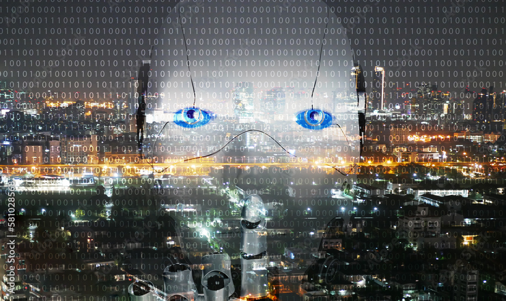 Fototapeta premium Artificial intelligence, AI everywhere and is omnipresent. The overlay robotic figure on a city background. Every person on earth can benefit from the Ai technology concept.