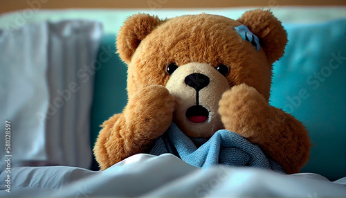 A teddy bear lies in bed under a blanket. Generative AI