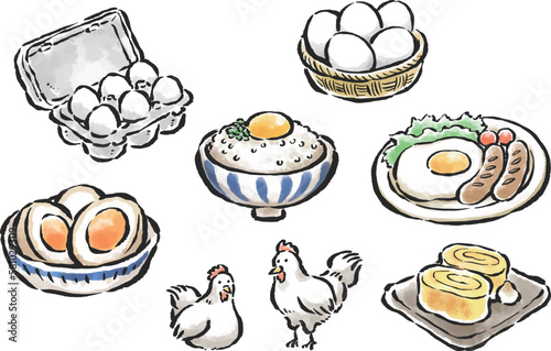白い卵・鶏・色々な卵料理のイラスト　筆タッチ・ベクターセット