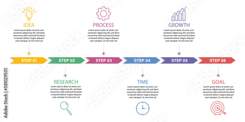 Infographic template. 6 Step timeline journey, calendar Flat simple infographics design template. presentation graph. Business concept with 6 options, gantt vector illustration.