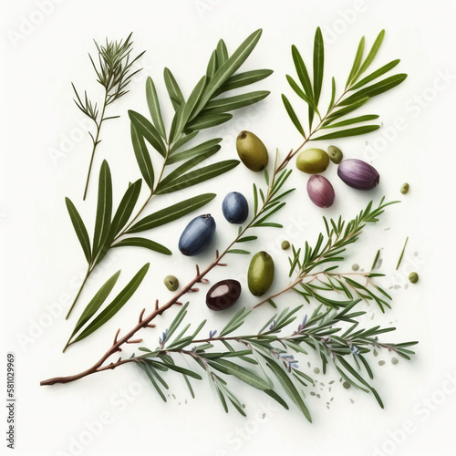 Illustration of olives, branch of rosemary and thyme - generated by Generative AI