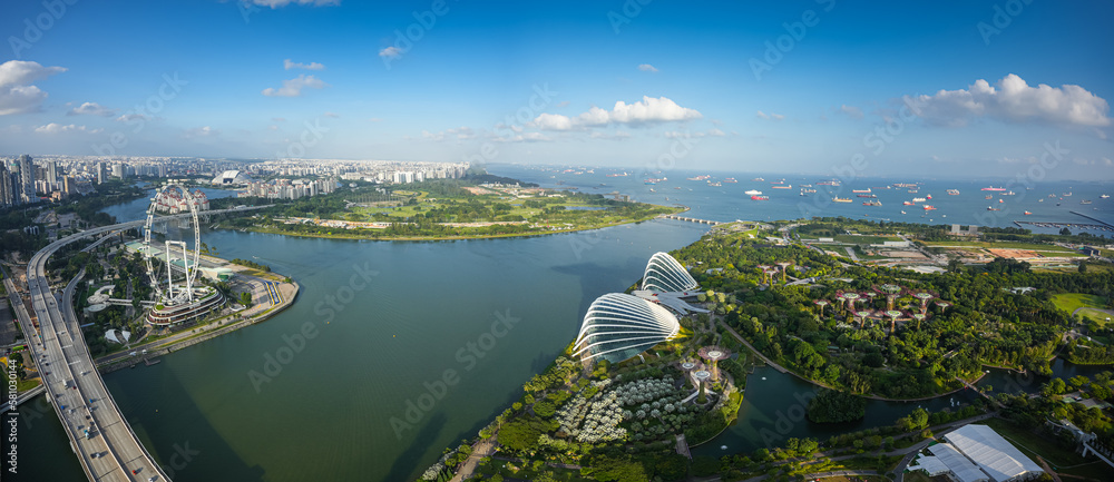 Singapore panorama panorama from above. Aerial view of Singapore skyline with harbour, gardens tree from bay and the big wheel. Travel to Singapore. - obrazy, fototapety, plakaty 