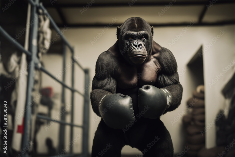 Portrait of muscular male boxer monkey, anthropomorphic animal sportsman wearing boxing gloves in the gym, created with ai Portrait of muscular male boxer monkey, anthropomorphic animal sportsman wearing boxing gloves in the gym, created with ai