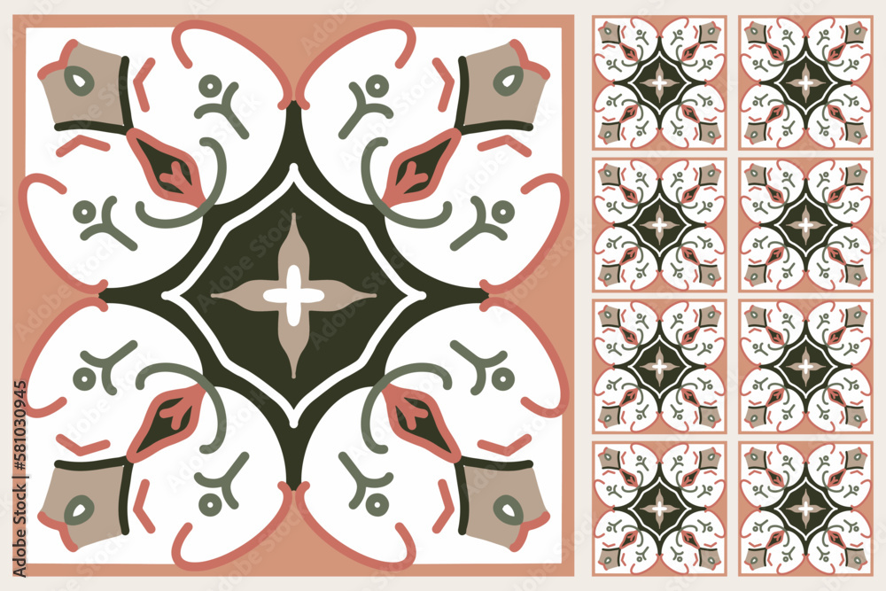 Fototapeta premium Set of patterned azulejo floor tiles. Abstract geometric background. Vector illustration, seamless mediterranean pattern. Portuguese floor tiles azulejo design. Floor cement talavera tiles collection