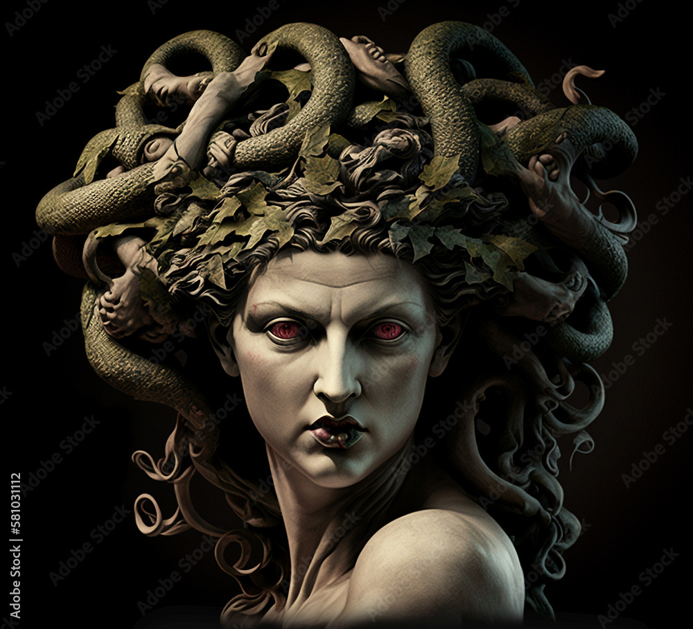 Medusa Portrait From Greek Mythology With Living Venomous Snakes In 