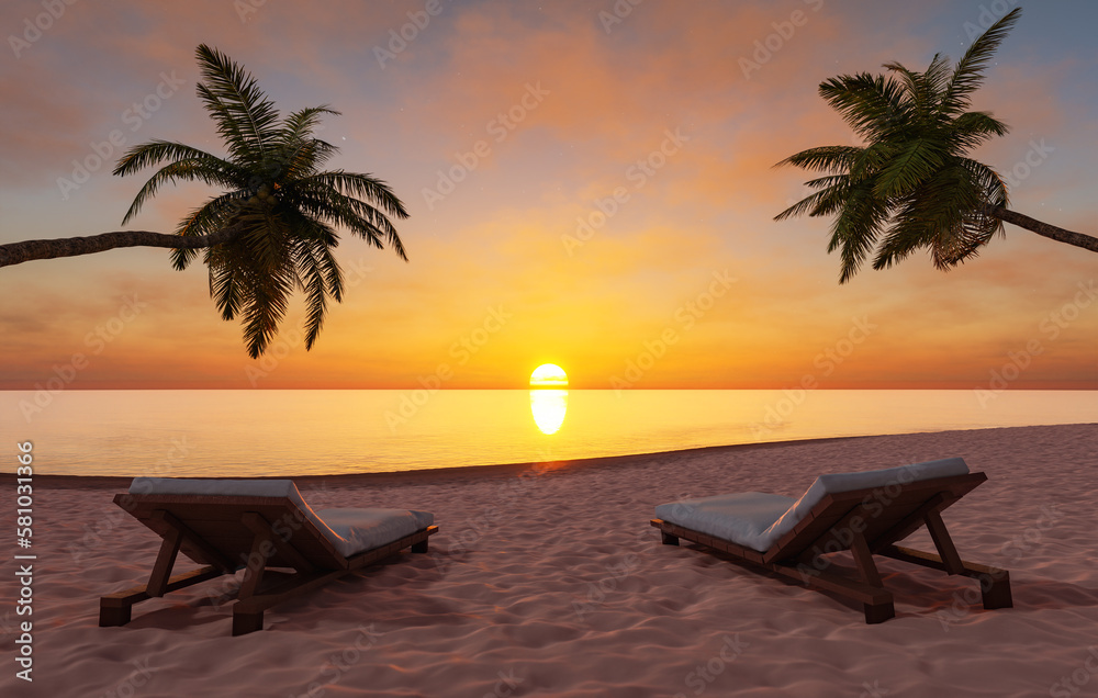 Sunbeds on sandy seashore under scenic sundown sky