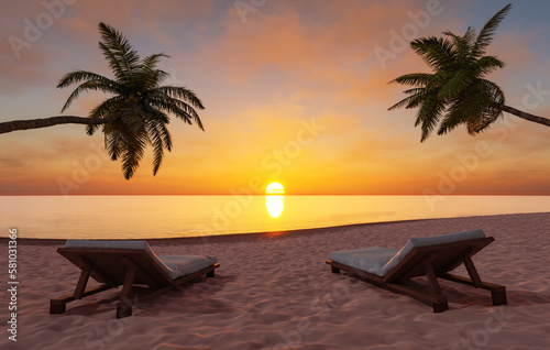 Sunbeds on sandy seashore under scenic sundown sky © TheCatEmpire Studio