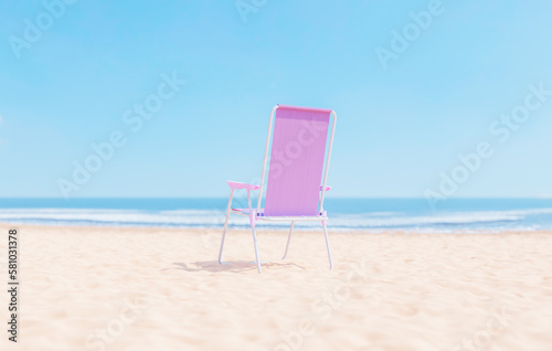 Chair on sandy beach near wavy blue sea